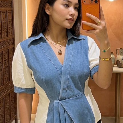 Contrast Panel Denim Top