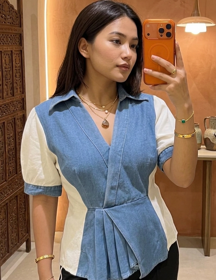 Contrast Panel Denim Top