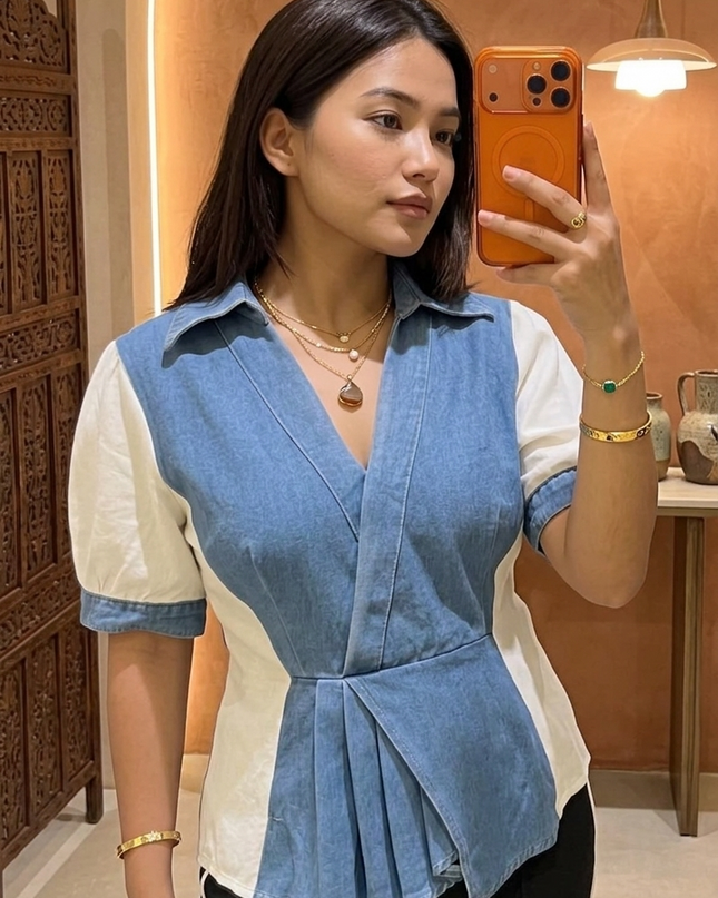 Contrast Panel Denim Top