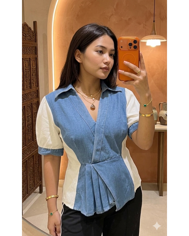 Contrast Panel Denim Top