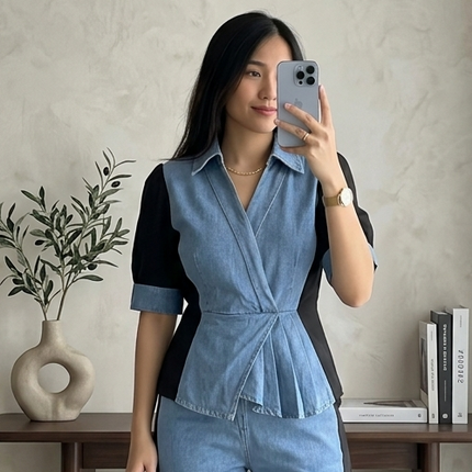 Contrast Panel Denim Top