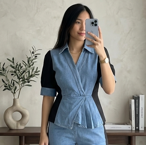 Contrast Panel Denim Top