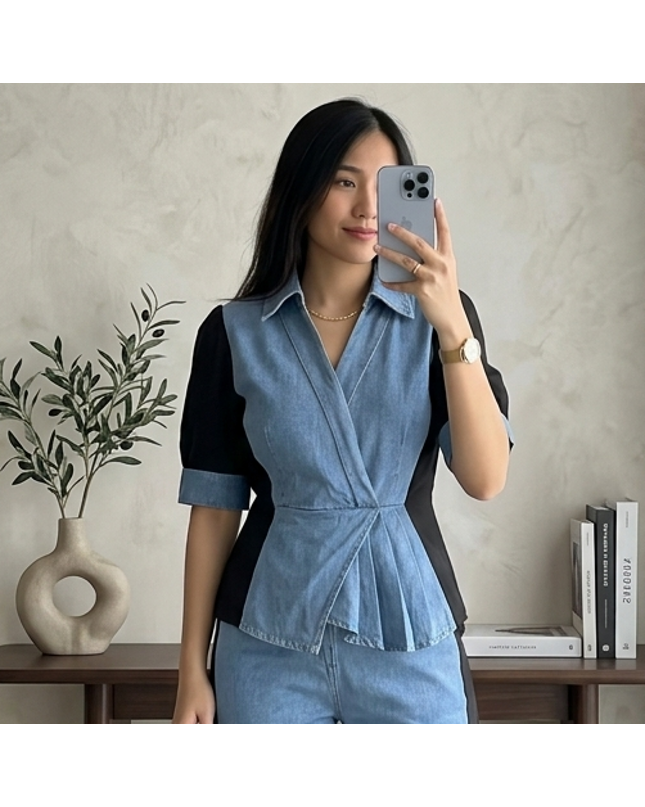 Contrast Panel Denim Top
