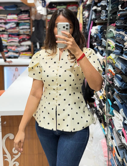 Polka Dot Button Down Peplum Blouse