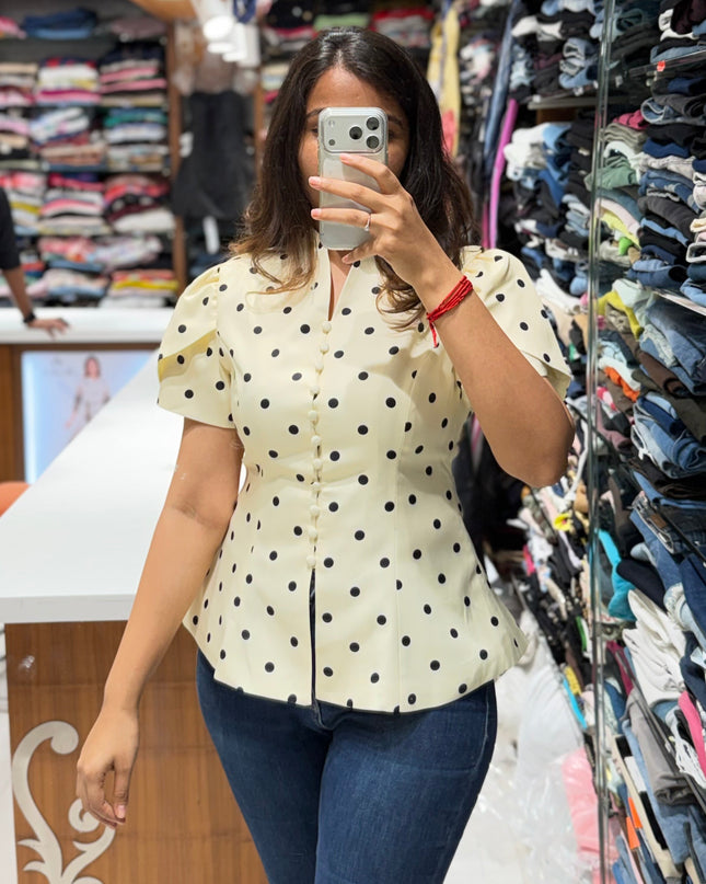 Polka Dot Button Down Peplum Blouse