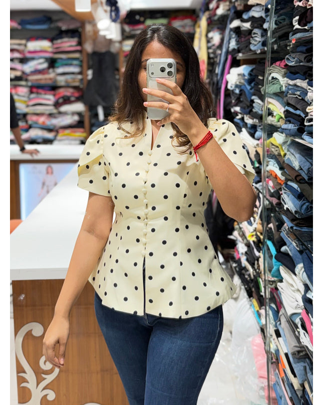 Polka Dot Button Down Peplum Blouse