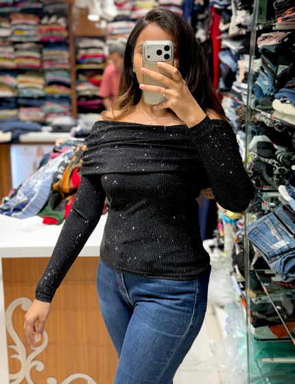 Midnight Shimmer Off-Shoulder Top