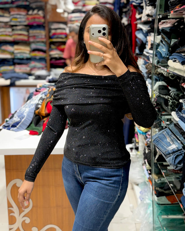 Midnight Shimmer Off-Shoulder Top