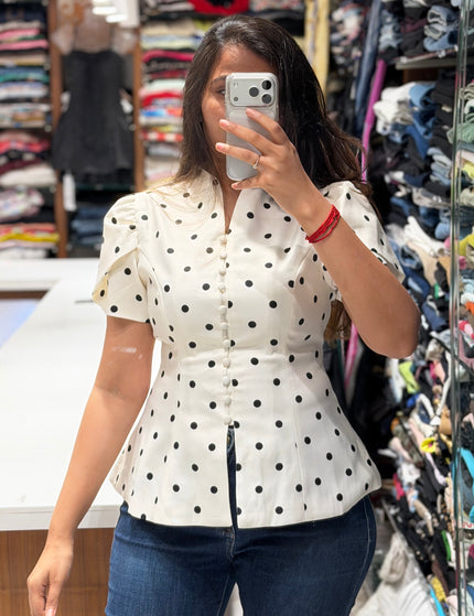 Polka Dot Button Down Peplum Blouse