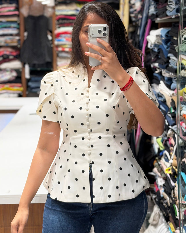 Polka Dot Button Down Peplum Blouse