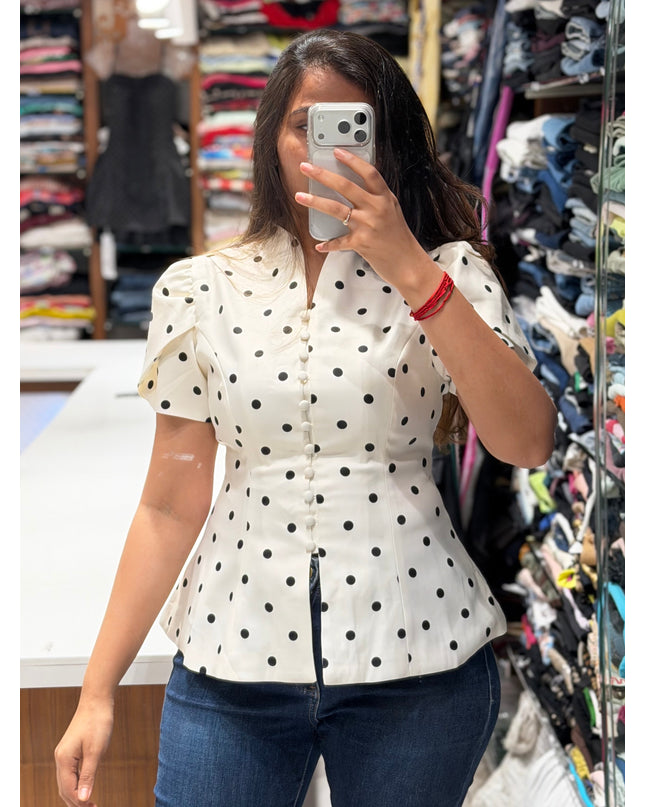 Polka Dot Button Down Peplum Blouse