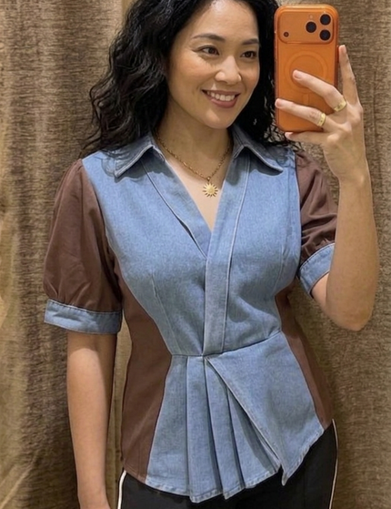 Contrast Panel Denim Top