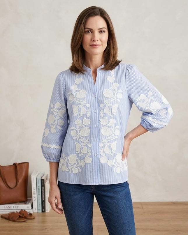 Cotton Stripe Embroidered Shirt