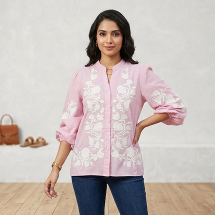 Cotton Stripe Embroidered Shirt