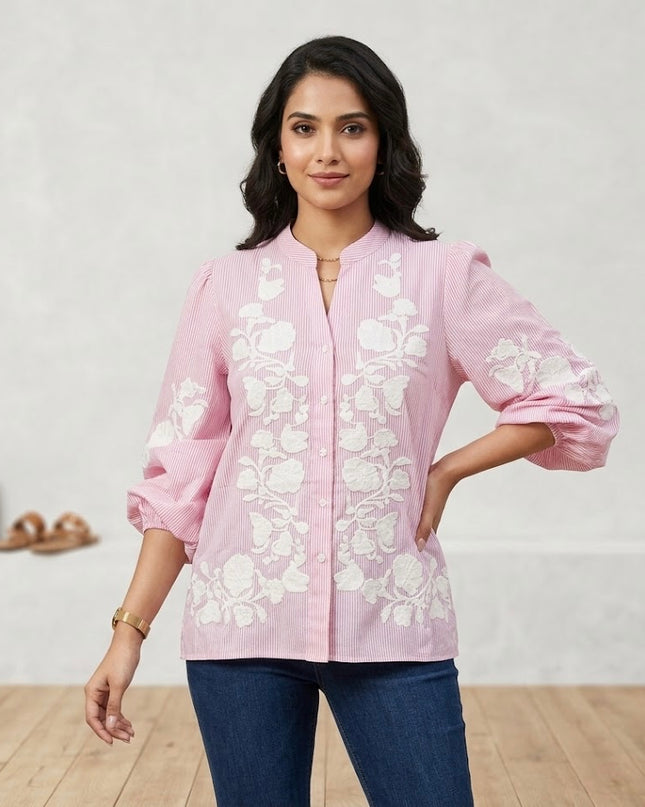 Cotton Stripe Embroidered Shirt