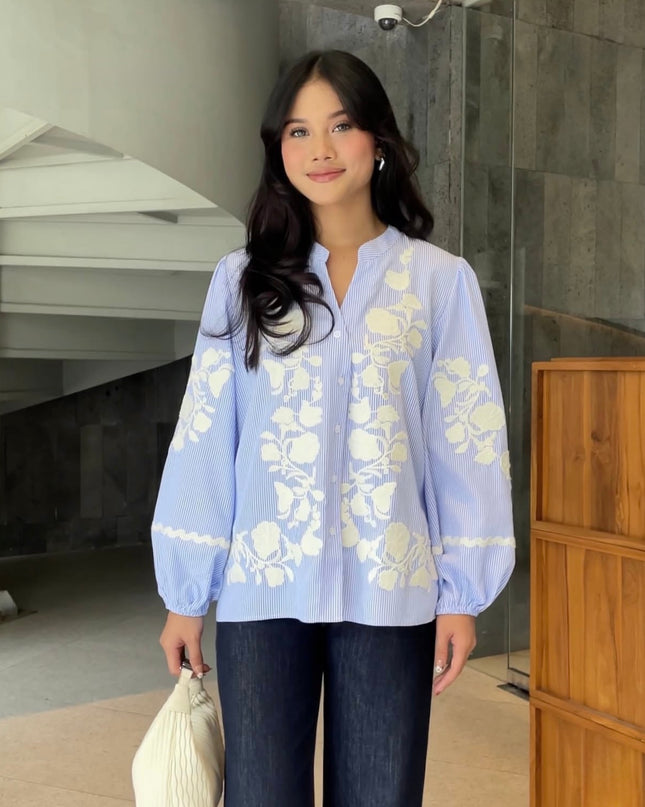 Cotton Stripe Embroidered Shirt