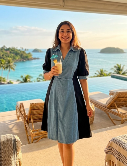 Contrast Panel Denim Dress