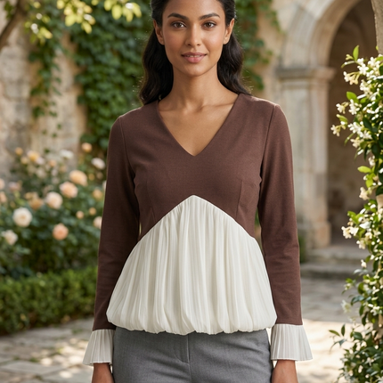 Stylish V-Neck Top with Pleated Hem and Cuff Detail