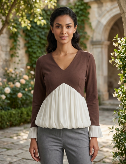 Stylish V-Neck Top with Pleated Hem and Cuff Detail