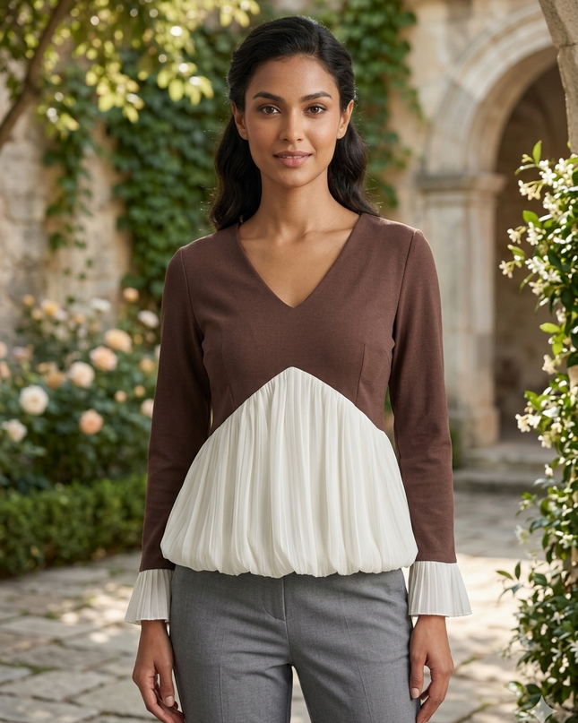 Stylish V-Neck Top with Pleated Hem and Cuff Detail