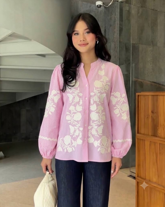 Cotton Stripe Embroidered Shirt