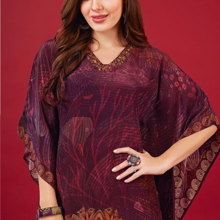 Wine Floral Printed Kaftan
