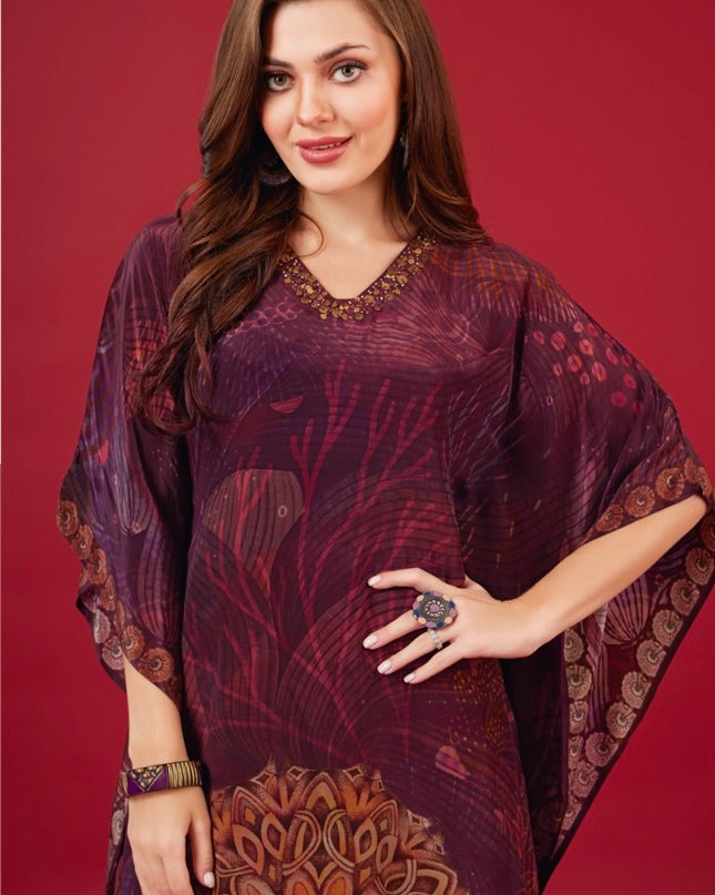 Wine Floral Printed Kaftan