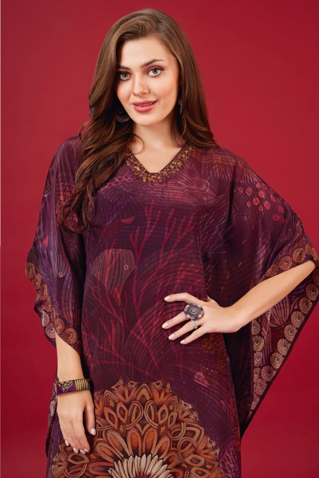 Wine Floral Printed Kaftan