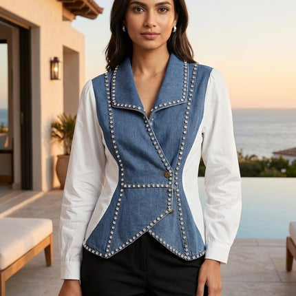 Denim Crystal Panel Top