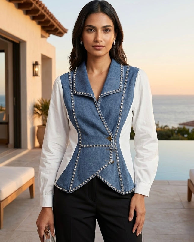 Denim Crystal Panel Top