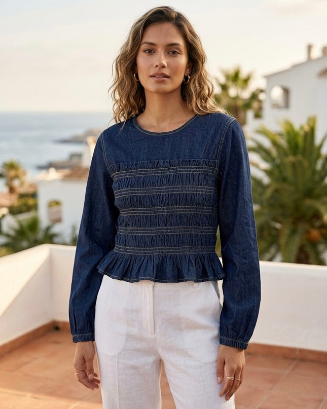 Indigo Denim Smocked Top