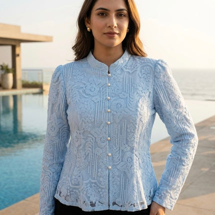 Sheer Floral Embroidered Mandarin Collar Top