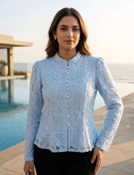 Sheer Floral Embroidered Mandarin Collar Top