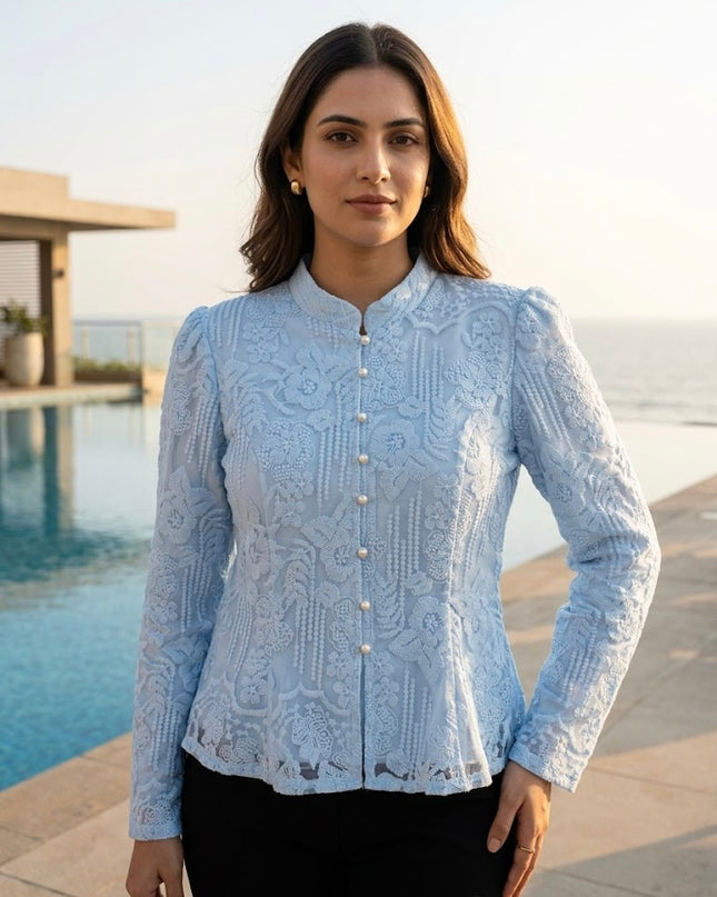 Sheer Floral Embroidered Mandarin Collar Top