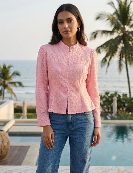 Sheer Floral Embroidered Mandarin Collar Top