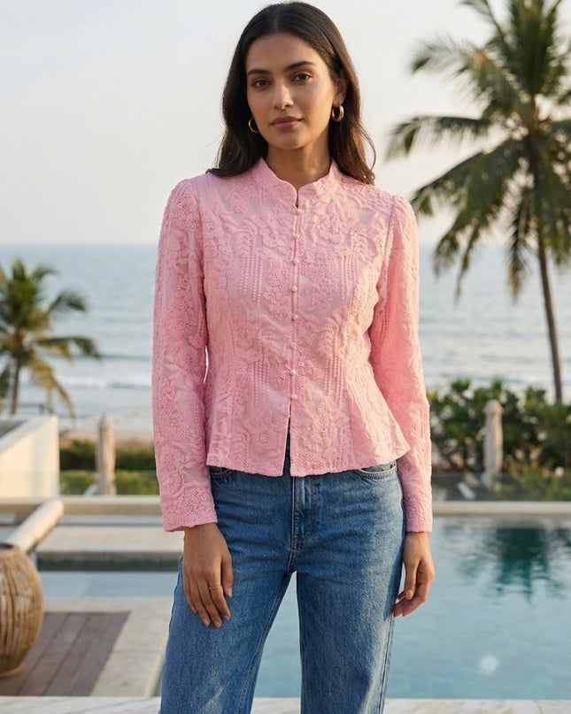 Sheer Floral Embroidered Mandarin Collar Top