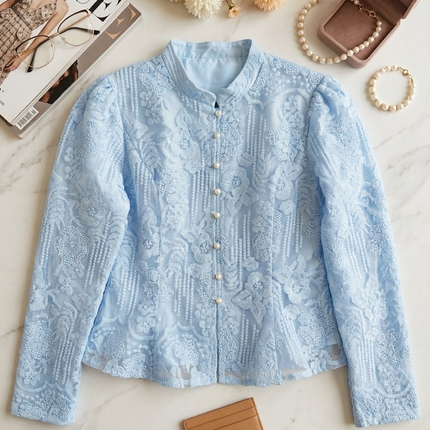 Sheer Floral Embroidered Mandarin Collar Top