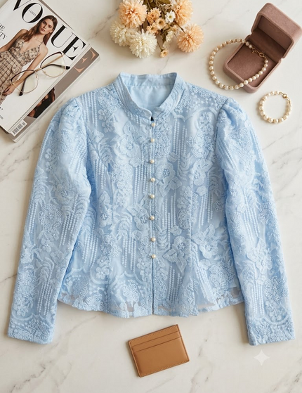 Sheer Floral Embroidered Mandarin Collar Top