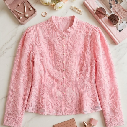 Sheer Floral Embroidered Mandarin Collar Top