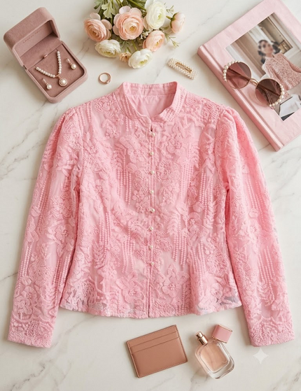 Sheer Floral Embroidered Mandarin Collar Top