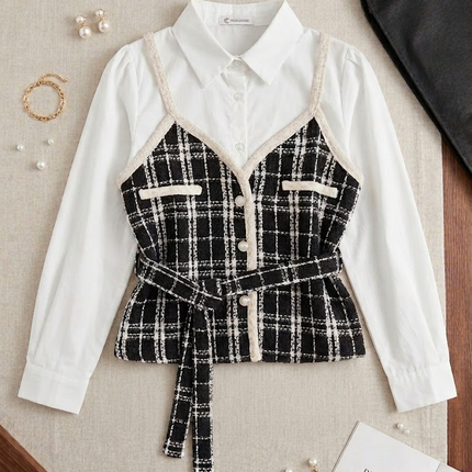 White Shirt with Tweed Check Waistcoat & Tie Belt