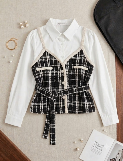 White Shirt with Tweed Check Waistcoat & Tie Belt