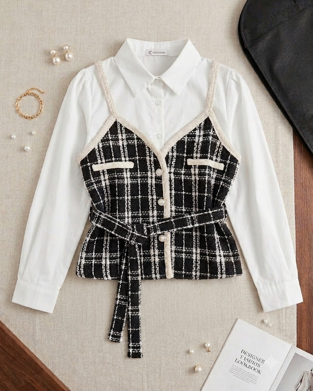 White Shirt with Tweed Check Waistcoat & Tie Belt