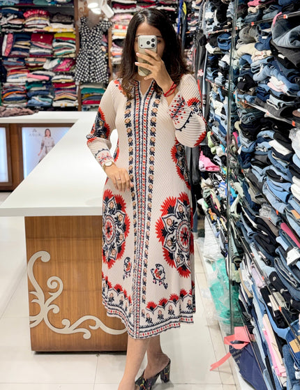 Boho Mandala Print Bamboo Pleated Midi Dress – Free Size (M to XXXL)
