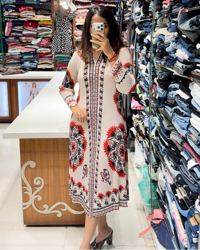 Boho Mandala Print Bamboo Pleated Midi Dress – Free Size (M to XXXL)