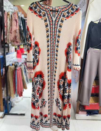 Boho Mandala Print Bamboo Pleated Midi Dress – Free Size (M to XXXL)