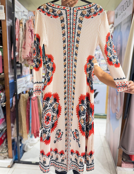 Boho Mandala Print Bamboo Pleated Midi Dress – Free Size (M to XXXL)
