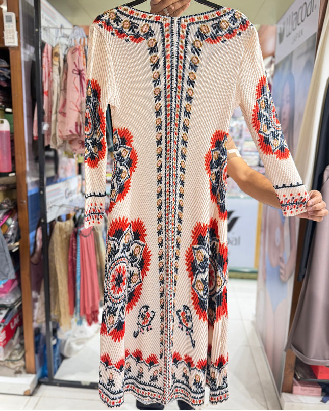 Boho Mandala Print Bamboo Pleated Midi Dress – Free Size (M to XXXL)