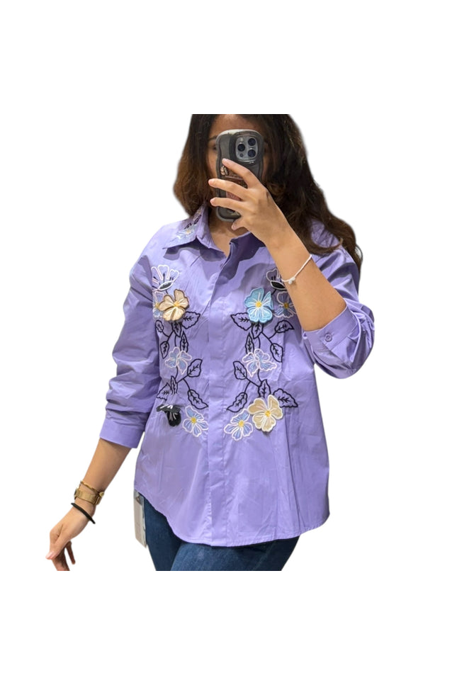 Collared Cotton Shirt with Floral Detail
