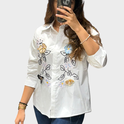 Collared Cotton Shirt with Floral Detail